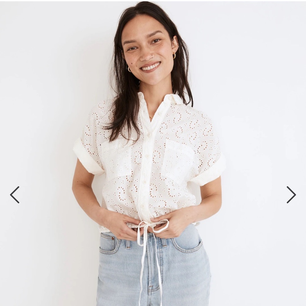 Madewell White Eyelet Button-Up Drawstring Shirt